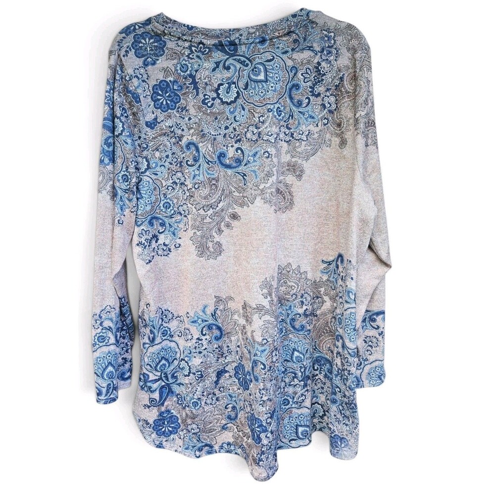 CJ Banks Knit Top Womens Plus Size 2X Blue Paisley Long Sleeve - Picture 2 of 6